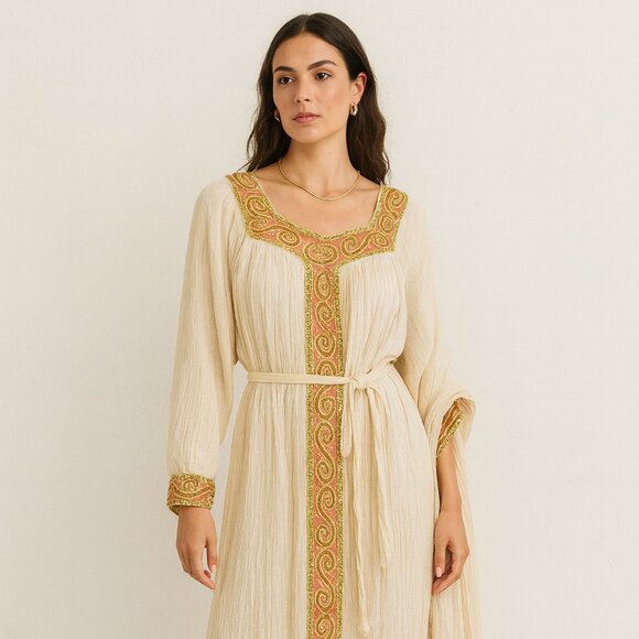 Vintage Ethiopian Cream Boho Maxi Dress Beaded Embroidered Long Sleeve Ethnic - Picture 2 of 15